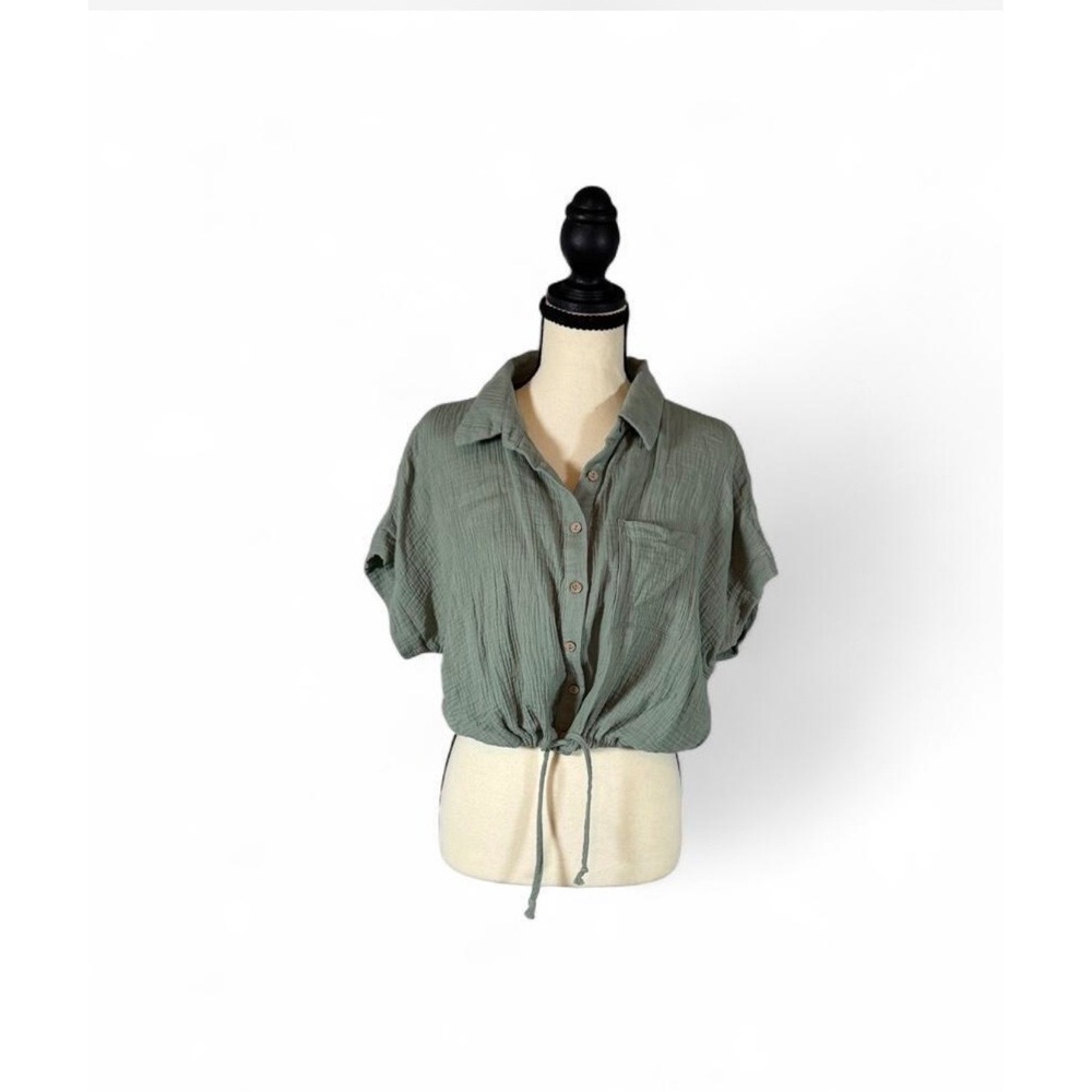Francescas Blue Rain Sage Green Gauze Cotton Cropped Tie Waist Top S